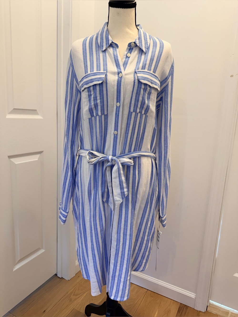 Caslon Blue & White Striped Shirt Dress with Tie Waist - NWT